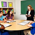 **A classroom scene:** A friendly teacher interacting with students, possibly in a circle or group discussion. The atmosphere is collaborative and encouraging. Visual elements include books, charts, and perhaps a laptop or tablet to suggest modern learning. Focus on positive expressions and engagement.