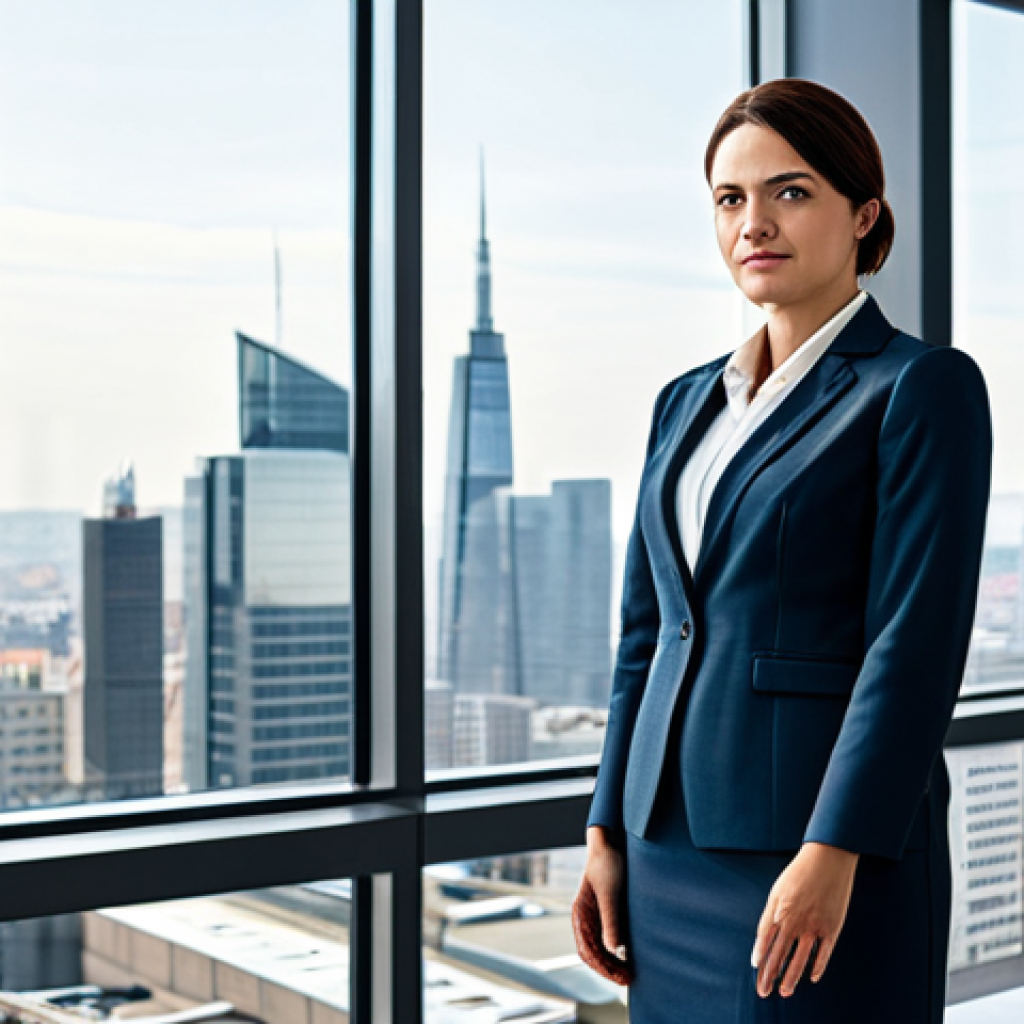 **

A professional businesswoman in a modest business suit, standing in a modern office with large windows overlooking a city skyline, fully clothed, appropriate attire, safe for work, perfect anatomy, natural proportions, professional photography, high quality, daytime.

**