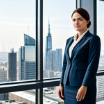 **

A professional businesswoman in a modest business suit, standing in a modern office with large windows overlooking a city skyline, fully clothed, appropriate attire, safe for work, perfect anatomy, natural proportions, professional photography, high quality, daytime.

**