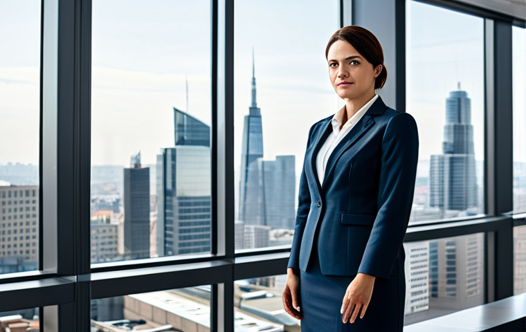 **
A professional businesswoman in a modest business suit, standing in a modern office with large windows overlooking a city skyline, fully clothed, appropriate attire, safe for work, perfect anatomy, natural proportions, professional photography, high quality, daytime.
**
