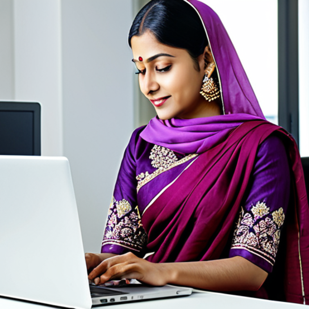 간격 반복 학습을 위한 집중력 향상 기술 - **A professional businesswoman in a modest sari, working on a laptop at a brightly lit office desk. ...