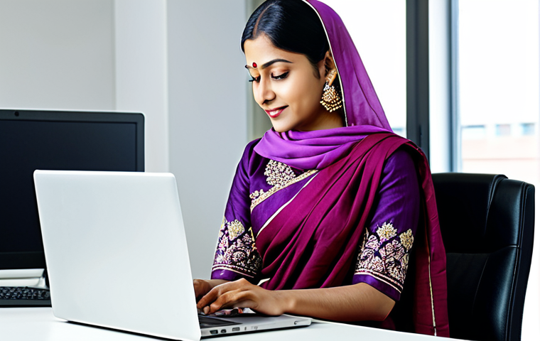 간격 반복 학습을 위한 집중력 향상 기술 - **A professional businesswoman in a modest sari, working on a laptop at a brightly lit office desk. ...