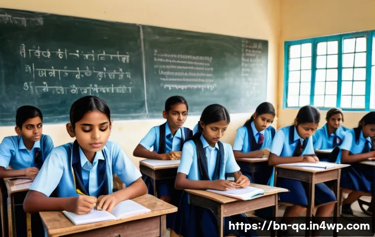 간격 반복 시스템 vs 전통적인 학습법 - A detailed classroom scene in a modern Bengali school, showing diverse students attentively using di...