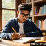 간격 반복 학습에서의 자율성 증진 - A focused Bengali student sitting at a wooden desk in a cozy study room filled with bookshelves, nat...