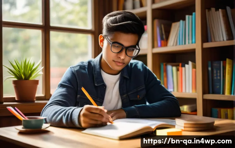 간격 반복 학습에서의 자율성 증진 - A focused Bengali student sitting at a wooden desk in a cozy study room filled with bookshelves, nat...